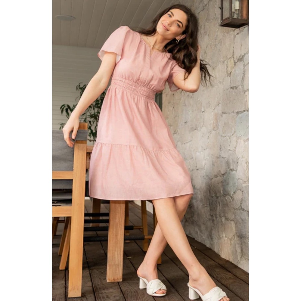 NWT Baltic Born Dita Dress‎ Pinky-Red Midi Smocked Waist Flutter Sleeve - Medium